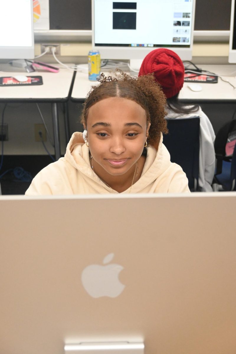 Sophomore Lilato Hunt works on video projects in Broadcast and Production on May 6