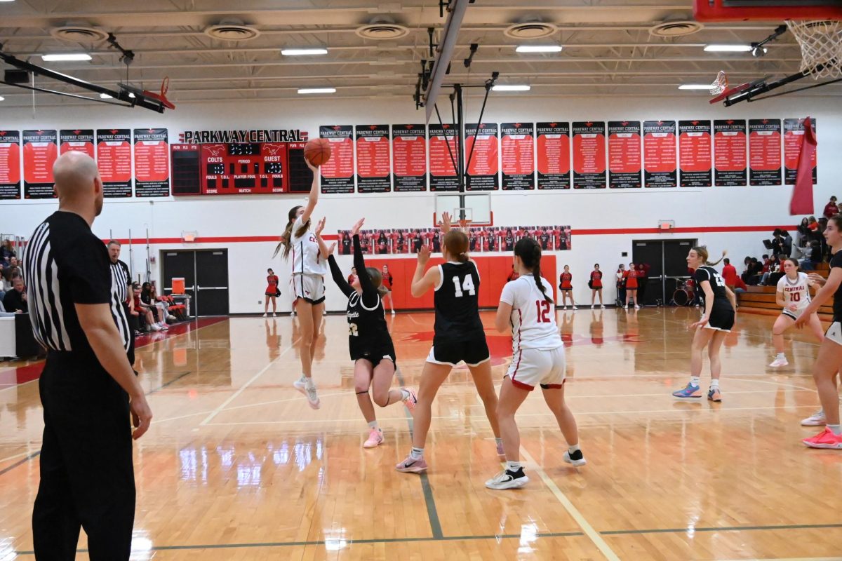 Maddie Schaefer (11) jumps to take a shot in the game against Lafayette on Friday, January 16. Schaefer had 22 points in the game, and as of January 22, she has 178 points this season. 