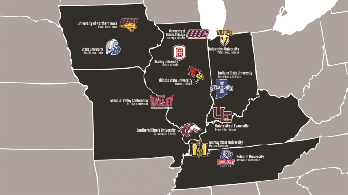 A map of all 11 teams in the Missouri Valley Conference, as well as their headquarters in St. Louis. Despite the name, none of the current universities reside in the Missouri River’s watershed.